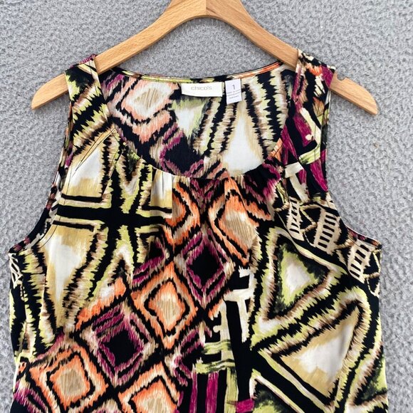Chicos Top Womens 1 US Medium Multicolor Sleeveless Ruched Neck Blouse Casual - Picture 2 of 10